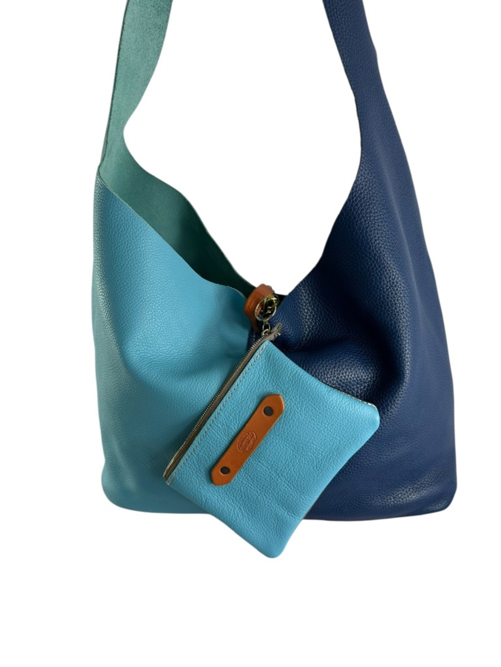 Genuine COPPERDOT Amalfi Blue Leather Beach Tote Bag with Detachable Pouch